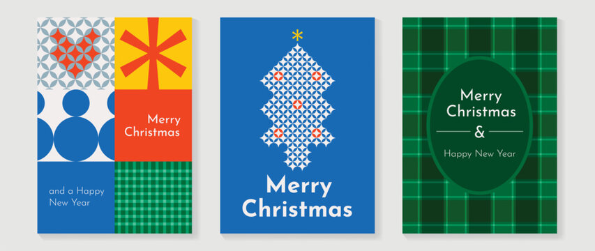 Christmas and Happy holiday greeting card vector set. Elegant hand drawn wallpaper with pine leaves, pinecone, wreath. Holidays design illustration for cover, print, poster, Happy New Year, ads.