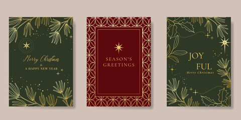 Fototapeta premium Christmas and Happy holiday greeting card vector set. Elegant hand drawn wallpaper with pine leaves, pinecone, wreath. Holidays design illustration for cover, print, poster, Happy New Year, ads.