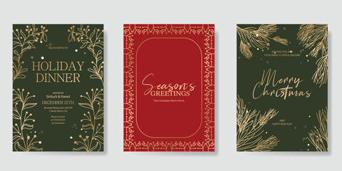 Fototapeta premium Christmas and Happy holiday greeting card vector set. Elegant hand drawn wallpaper with pine leaves, pinecone, wreath. Holidays design illustration for cover, print, poster, Happy New Year, ads.