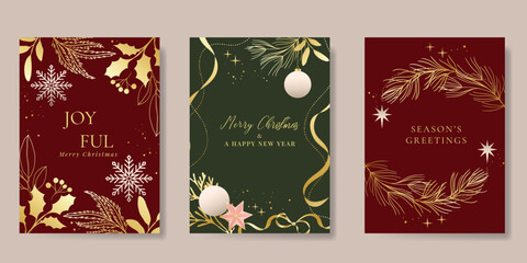Fototapeta premium Christmas and Happy holiday greeting card vector set. Elegant hand drawn wallpaper with pine leaves, pinecone, wreath. Holidays design illustration for cover, print, poster, Happy New Year, ads.