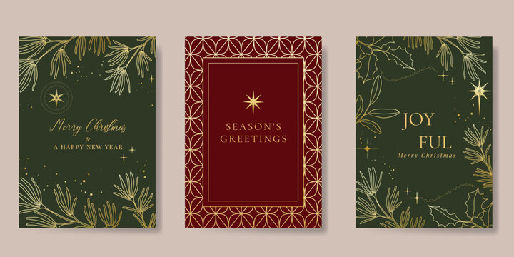 Christmas and Happy holiday greeting card vector set. Elegant hand drawn wallpaper with pine leaves, pinecone, wreath. Holidays design illustration for cover, print, poster, Happy New Year, ads.