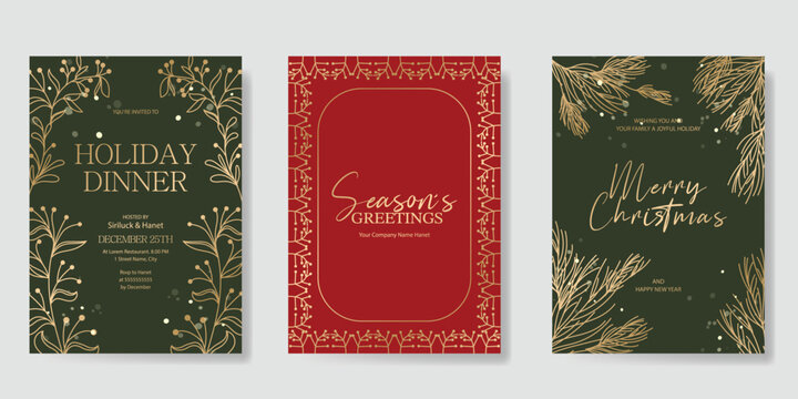Christmas and Happy holiday greeting card vector set. Elegant hand drawn wallpaper with pine leaves, pinecone, wreath. Holidays design illustration for cover, print, poster, Happy New Year, ads.