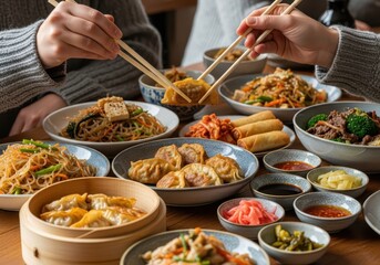 Obraz premium Friends Sharing a Delicious Variety of Asian Cuisine with Dumplings, Noodles, and Spring Rolls on a Wooden Table