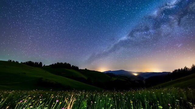 A vibrant night scene showing a starry sky over a green landscape with illuminated town in the distance