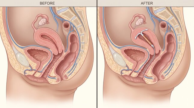 Gynecology. Before and after illustration of intrauterine device placement inside the uterus, showing female pelvic anatomy and long-acting contraception