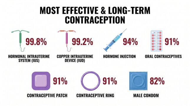 Gynecology. Infographic comparing the effectiveness of IUDs, contraceptive injection, birth control pills, patch, vaginal ring and male condom