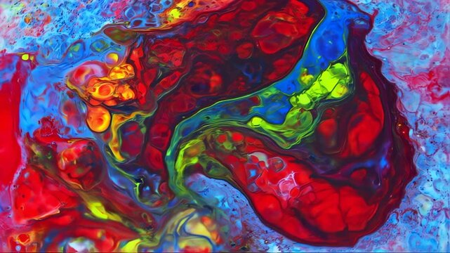 A swirling abstract composition of vibrant, blended colors red, blue, green, yellow. Flowing lines and textures