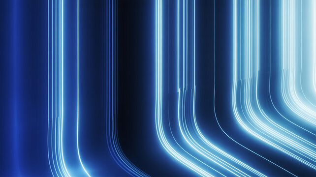 Blue neon vertical lines and curves abstract background