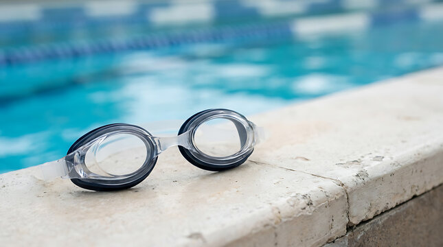 Close-up of swimming goggles resting on the edge of a bright blue swimming pool, ready for a refreshing dip