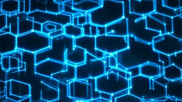 Abstract digital network with glowing blue lines and hexagonal shapes on a dark background