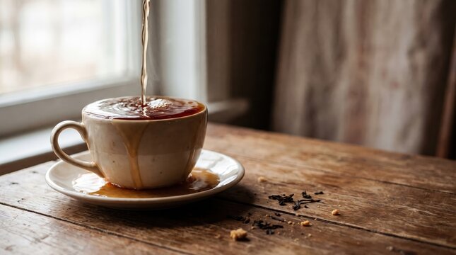 Hot Tea Overflowing from Cup Representing Burnout and Overwhelmed Concept