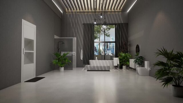 CGI of a modern luxury bathroom with freestanding bathtub, glass shower, tropical plants, and city view through large windows. Premium spa atmosphere. Rendered in Unreal Engine.