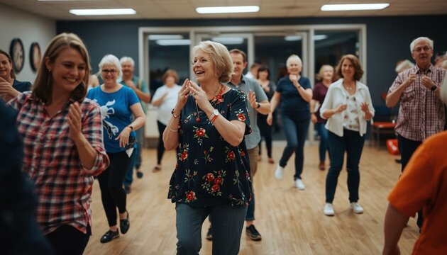 Group of happy senior adults participating in an energetic line dancing class together in a spacious indoor studio setting with bright overhead lighting