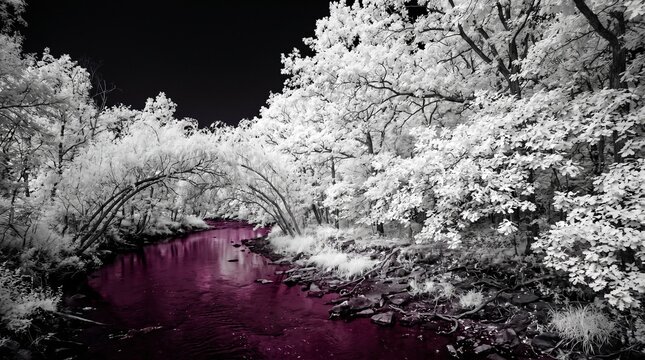 Infrared Forest Stream with Arching Trees and Purple Water