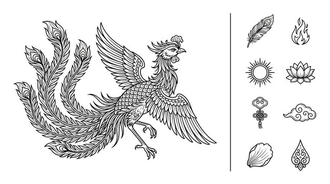Detailed Phoenix Bird Illustration with Traditional Asian Decorative Elements