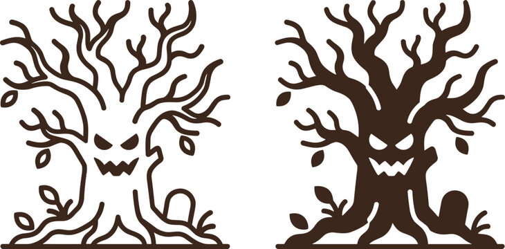 Spooky haunted tree with scary face, dead branches, and tombstone for halloween design