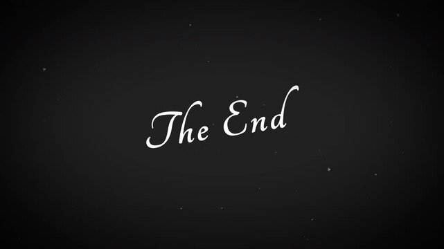 Vintage Cinematic &ldquo;The End&rdquo; End Card with Elegant Handwritten Script, Floating Film Dust, Subtle Grain and Dark Moody Background.
