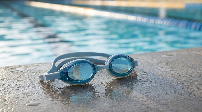 Swimming goggles resting on the wet tiled edge of a refreshing outdoor blue swimming pool during a sunny summer day
