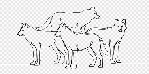 Obraz premium Set of wolf line design. Simple animal silhouette decorative elements drawn with one continuous line. transparent background, Set of continuous line drawing illustrations depicting wolf families, pro.