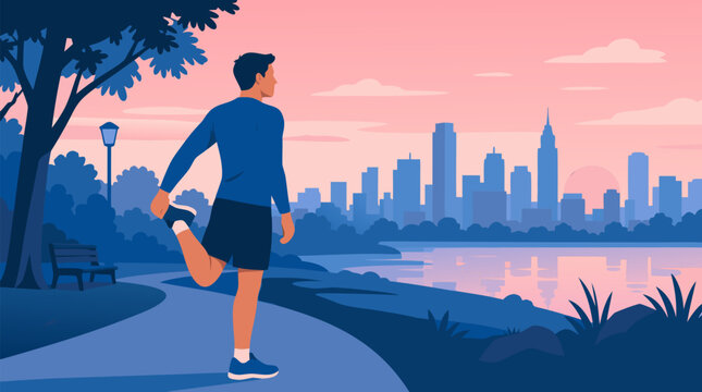 Athletic man stretching before a morning run in an urban park at dawn, skyline and river in cool blues with pink sunrise, motivating vector scene for fitness, wellness and city lifestyle