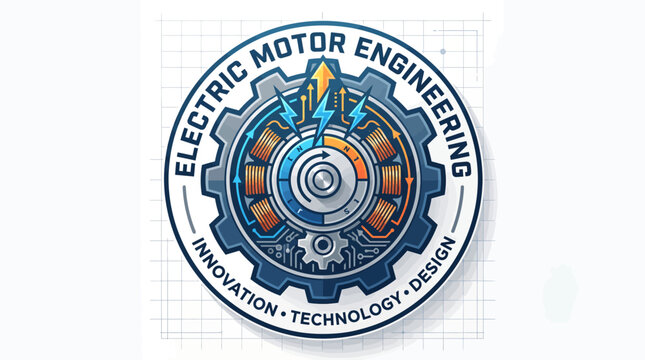 Electric Motor Engineering emblem featuring gears and blue circular badge, symbolizing innovation, technology and motor design.