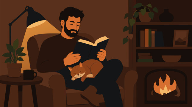 Cozy evening reading scene with bearded man in armchair, sleeping cat on lap, warm lamp glow, bookshelf and fireplace, peaceful home relaxation vector illustration in rich brown tones