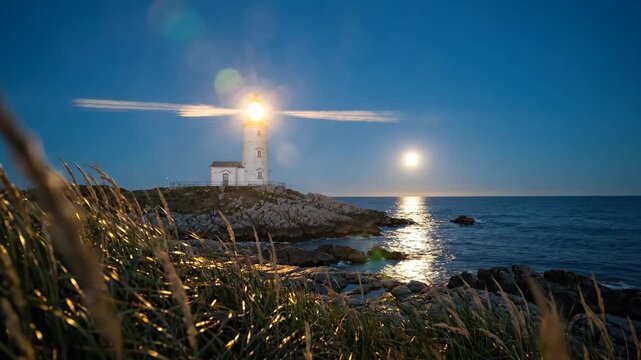 Lighthouse glowing beside rising full moon on rocky coastline at night for travel and nature content