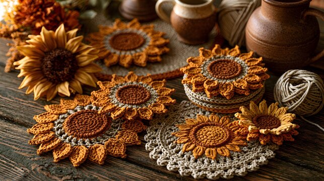 Cozy home d&eacute;cor arrangement featuring handcrafted crochet sunflower coasters, placemats, and decorative flowers, natural cotton yarn, warm autumn colors.