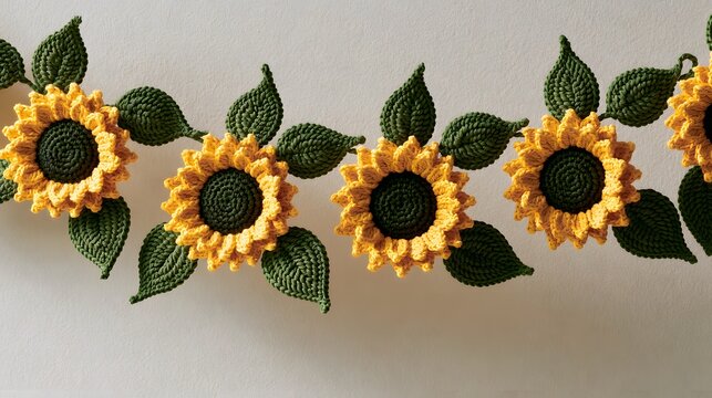 Decorative crochet sunflower garland with handmade sunflower blossoms, crocheted green leaves, natural cotton yarn texture, hanging on a soft neutral background.