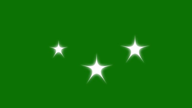 Twinkle star glitter animation with white cartoon stars, shining glow effects, flat vector doodle motion graphics, green screen transparent background, 4k seamless loop