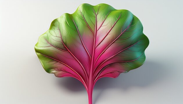 3d render of a single beet leaf with green and pink gradient on white background