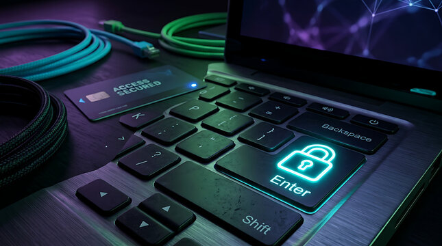 Close up of keyboard keys displaying glowing lock security icon on keycap