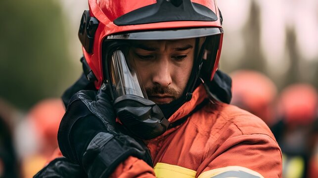 A firefighter in full gear adjusts his helmet visor while looking focused and prepared for duty