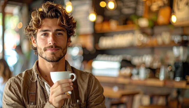 Bearded man drinking coffee in a cozy cafe.