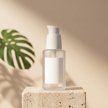 Luxury skincare serum bottle mockup on natural stone podium