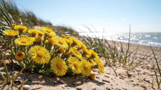 Yellow coltsfoot flowers tussilago farfara blooming on a sandy coastal foreshore in Norfolk England swaying in the gentle spring breeze