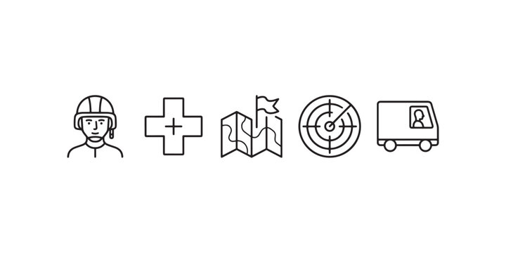 Military and logistics thin line icons, set of 5 vector elements, army soldier and medical cross symbols, tactical map and radar icons for defense apps
