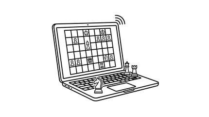 Clean Minimalist Black and White of Chess Game on Laptop with Physical Chess Pieces with high quality professional line art symbols for modern creative design and digital branding projects © YAZID