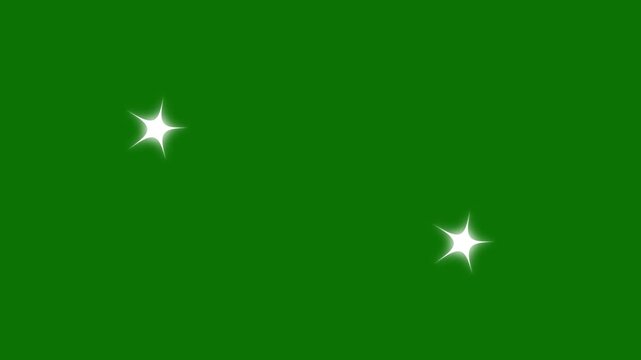 White cartoon twinkle star glitter sparkle animation, flat vector doodle blinking stars, glowing light effect, festive shining dust trails, green screen transparent 4k loop