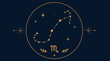 Fototapeta premium Elegant Scorpio zodiac constellation in gold dots and fine connecting lines on deep navy, circular celestial emblem with stars, glyph and laurel accents for astrology horoscope vector design