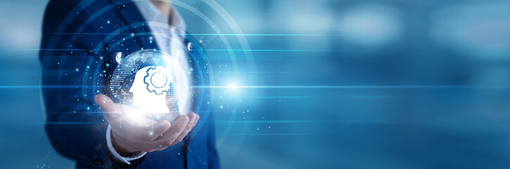 Data strategist holding a handheld tablet reviewing Business Intelligence market dashboards. Corporate analyst forecasting economic trends and optimizing competitive company profit growth. © FutureLogic Studio