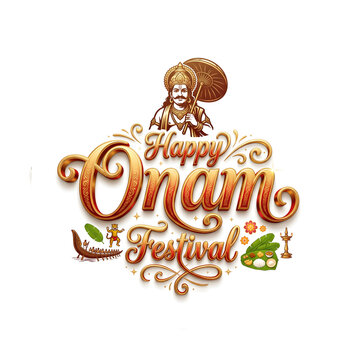 Onam festival Decorative design featuring a snake boat, sacred food, flower, and King Mahabali.

