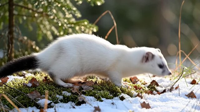 A small stoat with gleaming white fur and a black tipped tail explores the mossy ground during a frosty winter day while hunting for food in the forest under bright natural sunlight across
