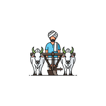 Indian farmer with two oxen and traditional wooden plow vector illustration.