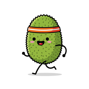Cute cartoon durian character running and exercising with a headband vector illustration.