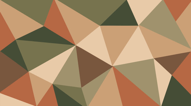 Abstract low poly geometric vector background in muted earth tones, faceted triangle mosaic with olive, sand, clay and cream shapes, modern warm texture for branding, packaging and web design layouts
