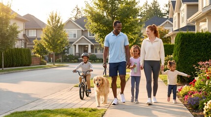 Fototapeta premium Happy interracial family walking with golden retriever in suburban neighborhood during sunny morning
