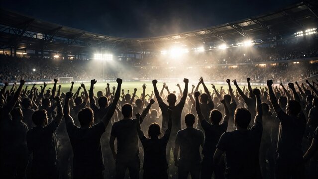 Excited crowd cheering at night stadium event