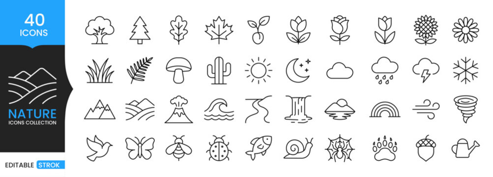 Nature Line Icons Set, Outline Nature Elements, Trees, Flowers, Plants, Weather, Mountains, Animals, Editable Vector Icon Collection