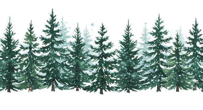 Seamless horizontal watercolor border of stylized deep forest green fir and pine trees against a transparent background with falling snow. concept of festive winter banner art